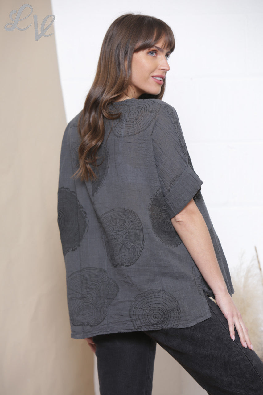 Ladies Tree Root Print Top With Necklace Charcoal