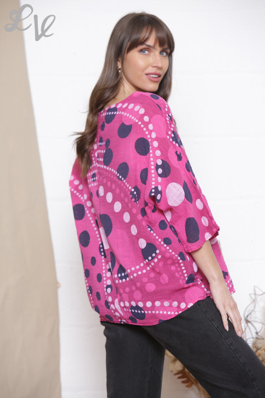 Dames Box Top met Stippenmix Cerise