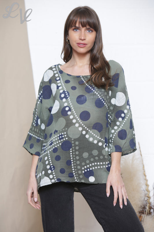 Ladies Dots Mix Print Box Top Khaki