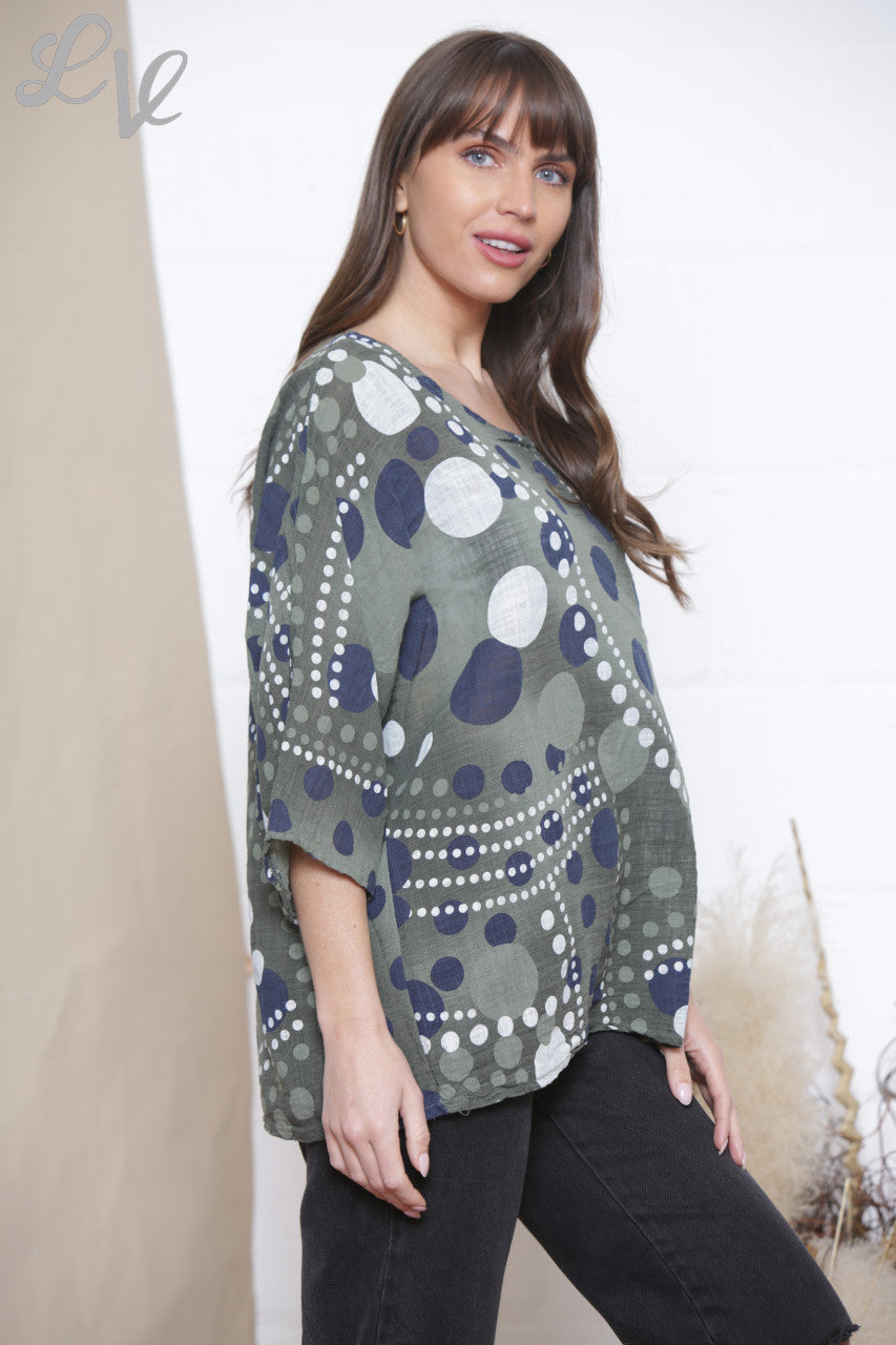 Ladies Dots Mix Print Box Top Khaki
