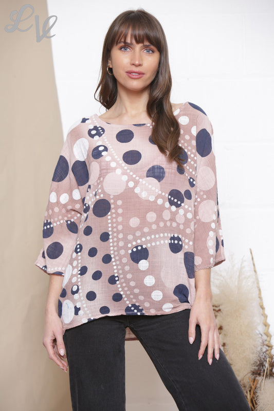 Ladies Dots Mix Print Box Top Dusty Pink