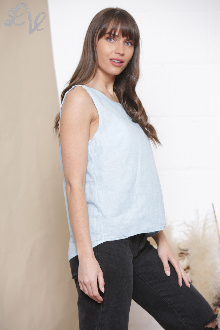 Ladies Plain Sleeveless Vest Top With Button Back Sky Blue