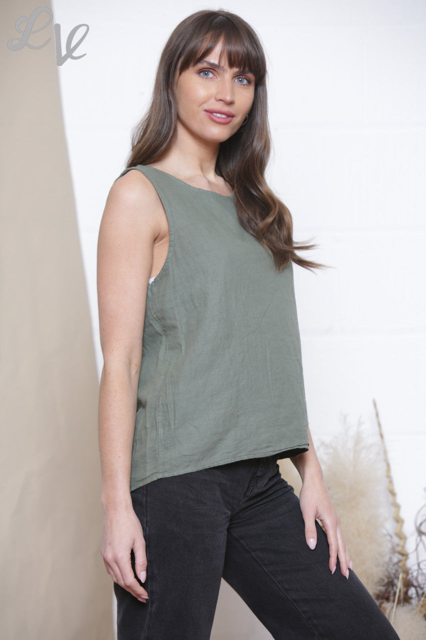 Ladies Plain Sleeveless Vest Top With Button Back Khaki