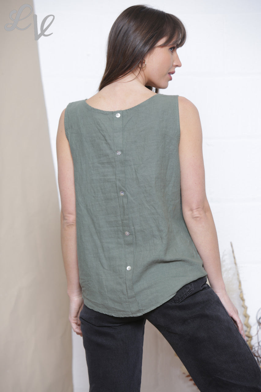 Ladies Plain Sleeveless Vest Top With Button Back Khaki