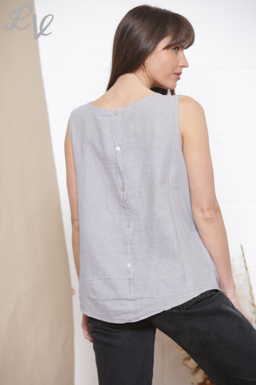 Ladies Plain Sleeveless Vest Top With Button Back Grey