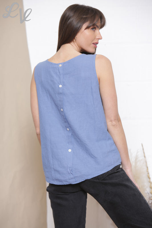 Ladies Plain Sleeveless Vest Top With Button Back Denim