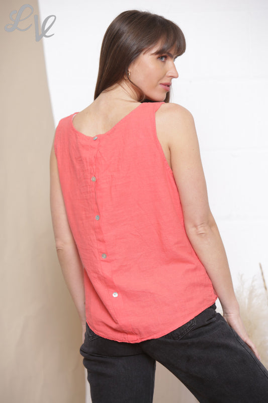 Ladies Plain Sleeveless Vest Top With Button Back Coral