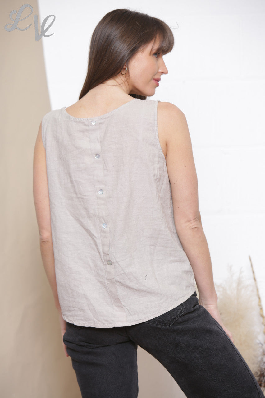 Ladies Plain Sleeveless Vest Top With Button Back Stone