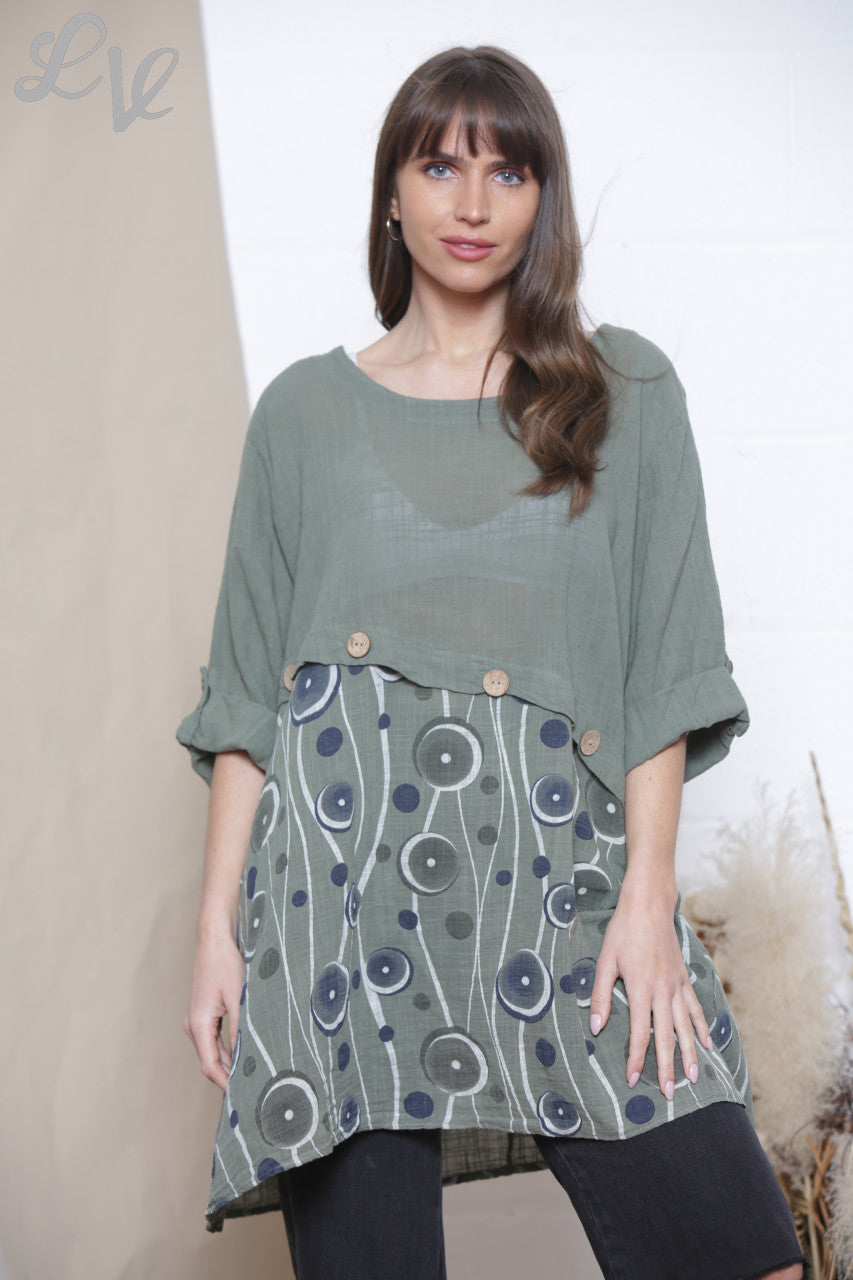 Ladies Half Circle Print Top With Button Detail Khaki