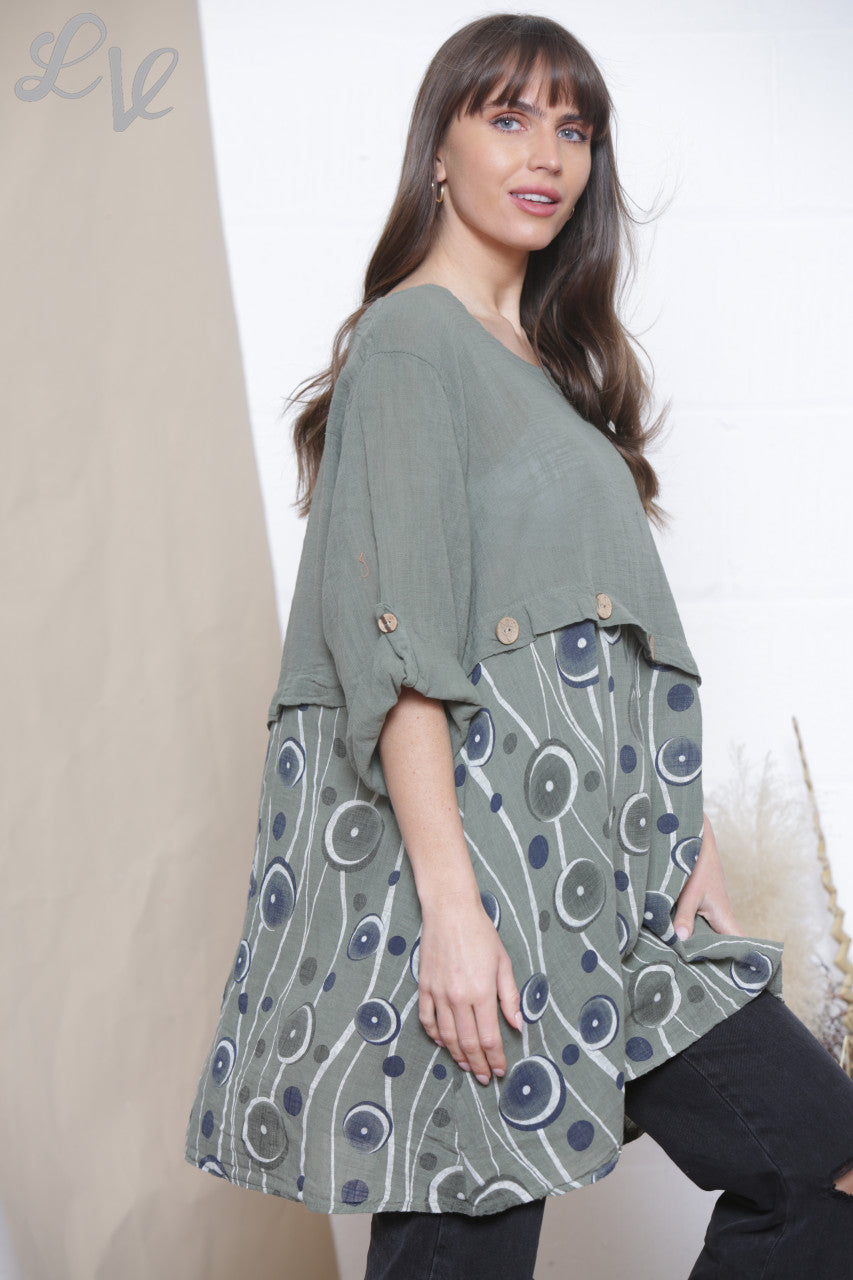 Ladies Half Circle Print Top With Button Detail Khaki