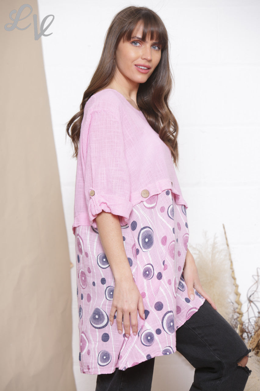 Dames Top met Halve Cirkelprint en Knoopdetails Roze
