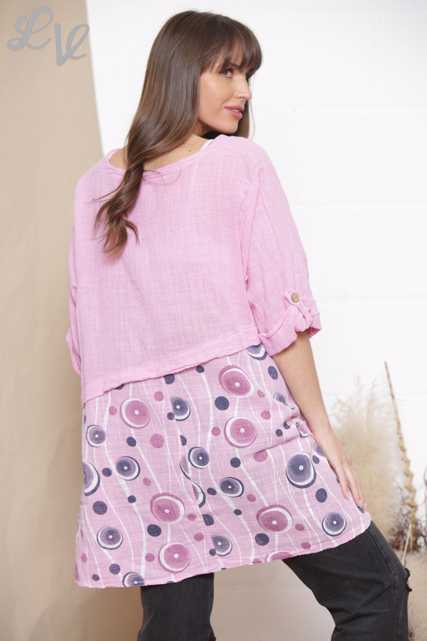 Dames Top met Halve Cirkelprint en Knoopdetails Roze