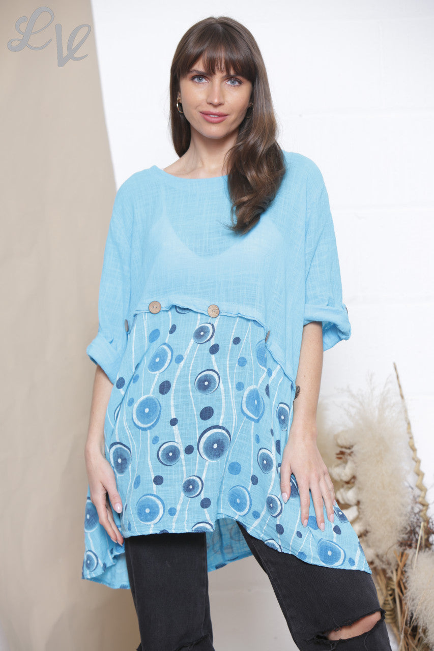 Dames Halve Cirkel Print Top Met Knoopdetail Turkoois