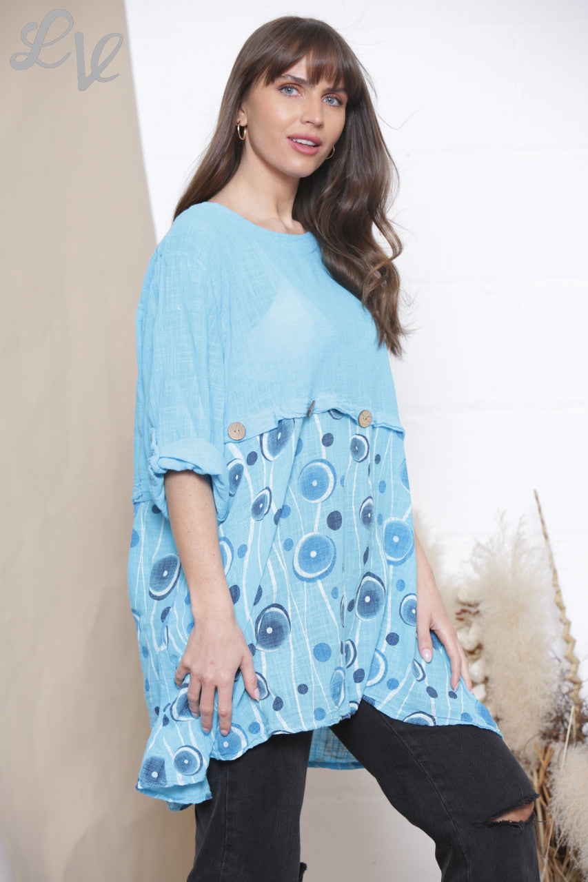 Dames Halve Cirkel Print Top Met Knoopdetail Turkoois