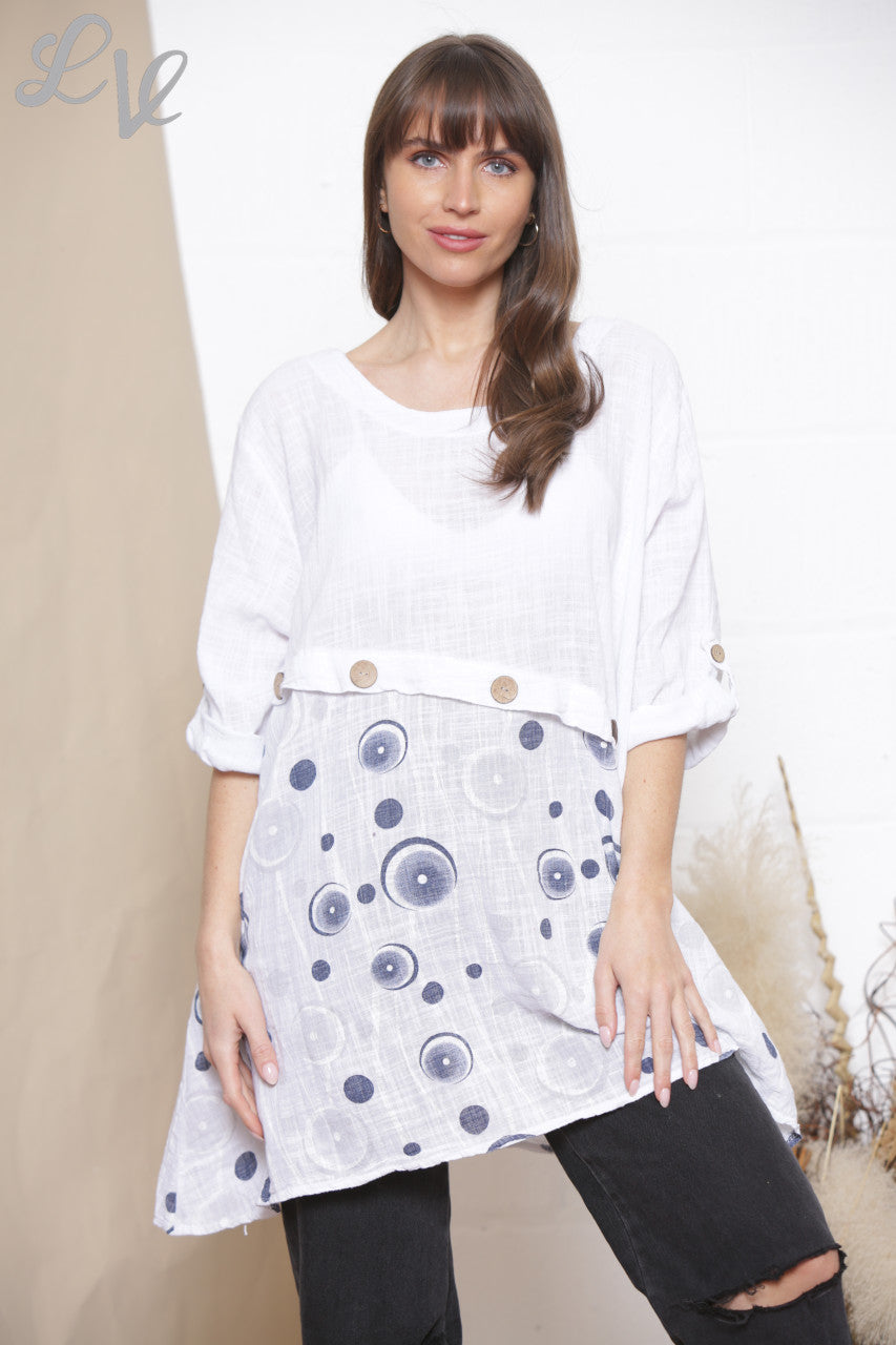 Dames Top Met Halve Cirkelprint En Knoopdetails Wit