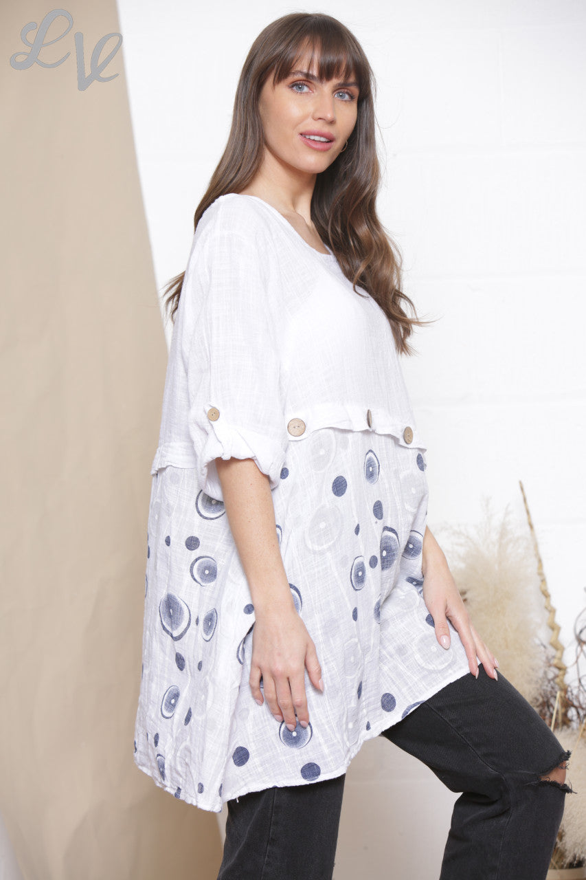 Dames Top Met Halve Cirkelprint En Knoopdetails Wit