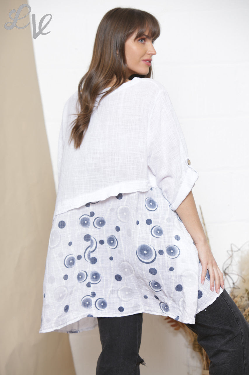Dames Top Met Halve Cirkelprint En Knoopdetails Wit