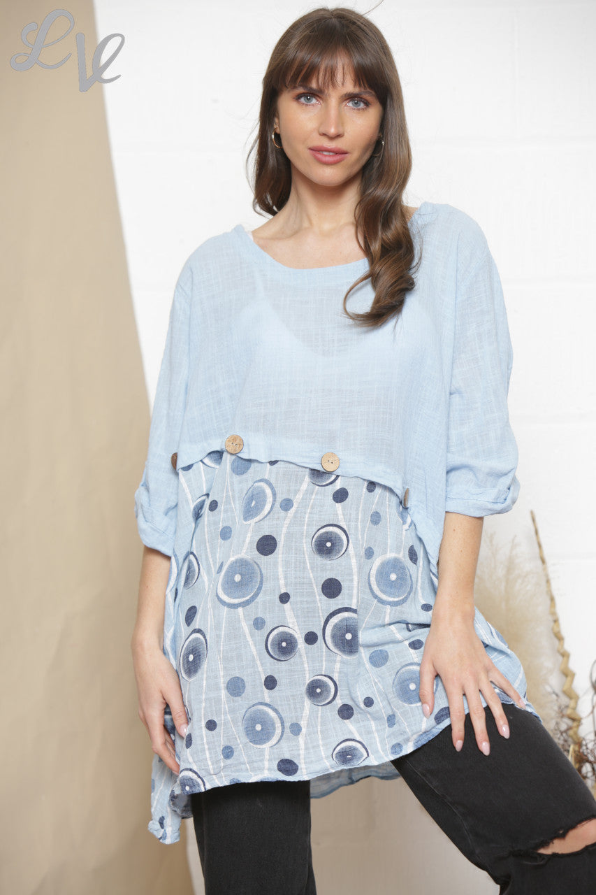 Ladies Half Circle Print Top With Button Detail Sky Blue