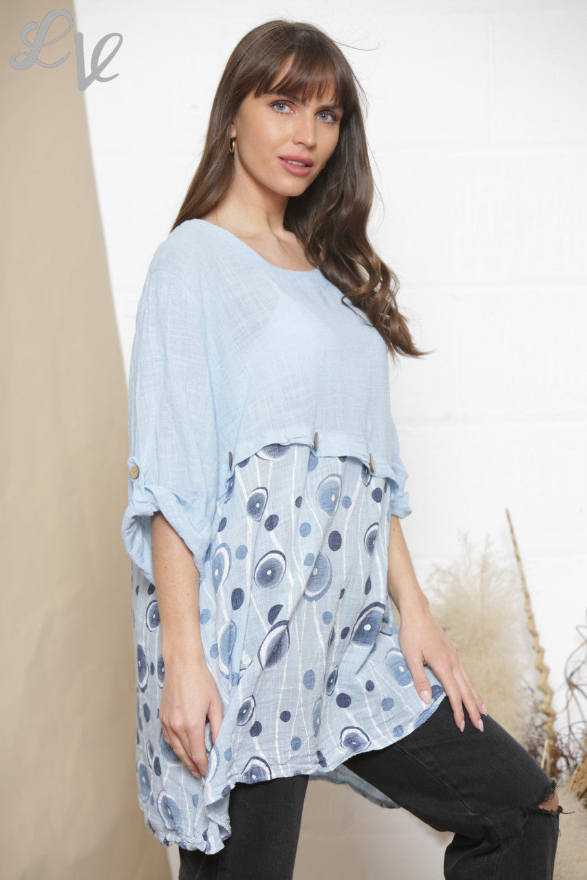 Ladies Half Circle Print Top With Button Detail Sky Blue