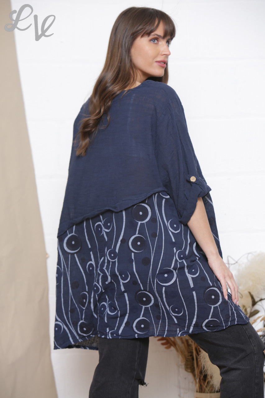 Ladies Half Circle Print Top With Button Detail Navy
