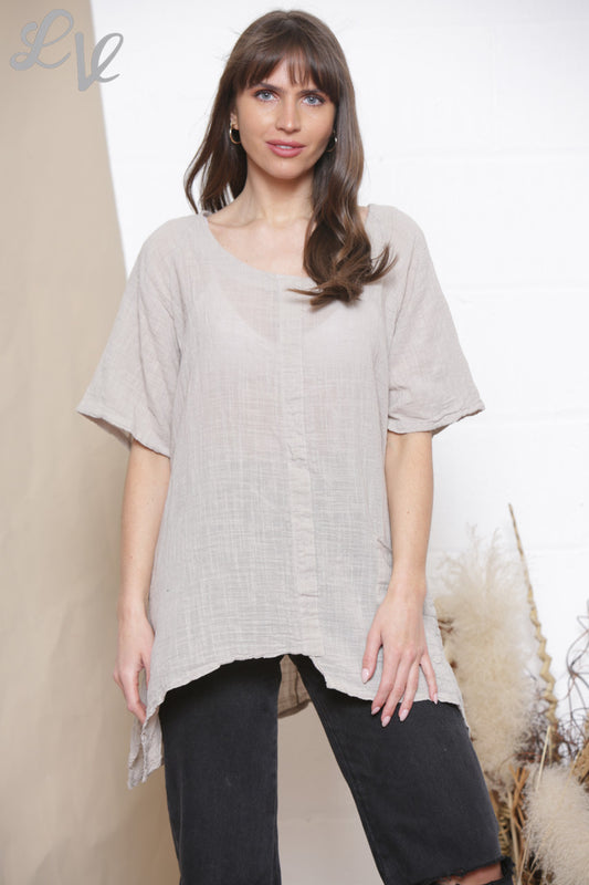 Ladies Plain Tunic Top With Front Pocket Stone
