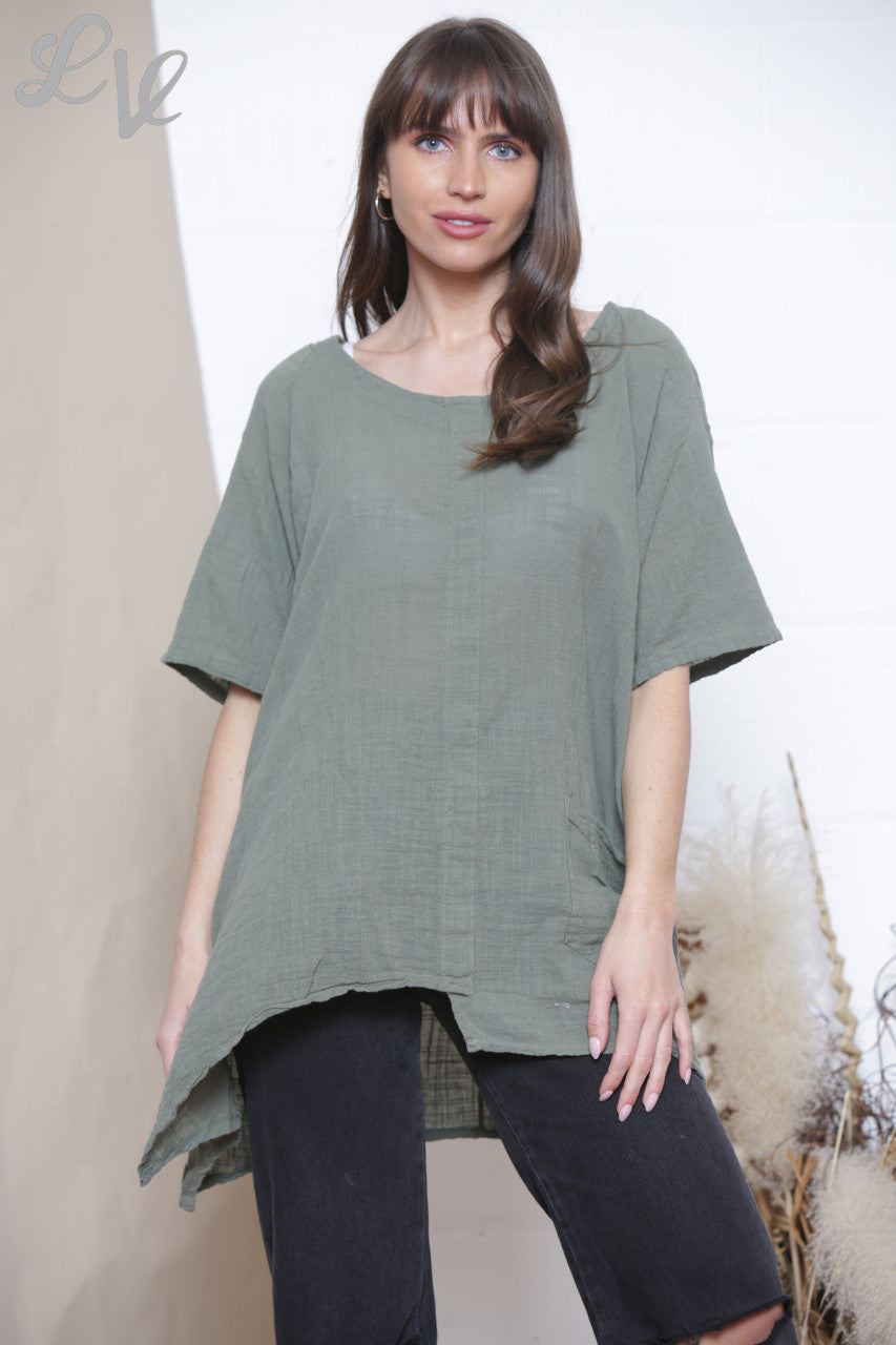 Ladies Plain Tunic Top With Front Pocket Khaki