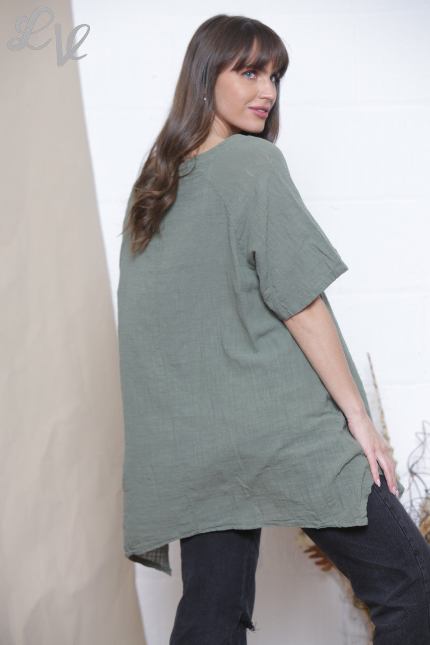 Ladies Plain Tunic Top With Front Pocket Khaki
