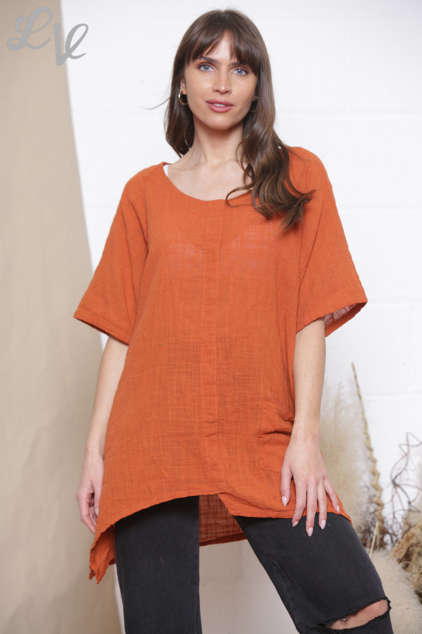 Ladies Plain Tunic Top With Front Pocket Rust