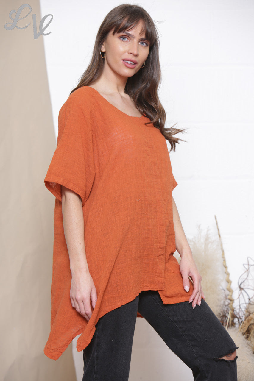Ladies Plain Tunic Top With Front Pocket Rust