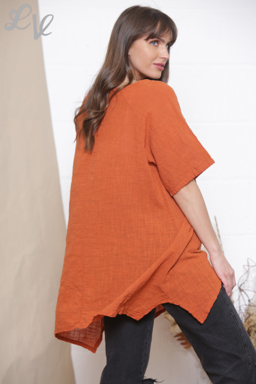 Ladies Plain Tunic Top With Front Pocket Rust