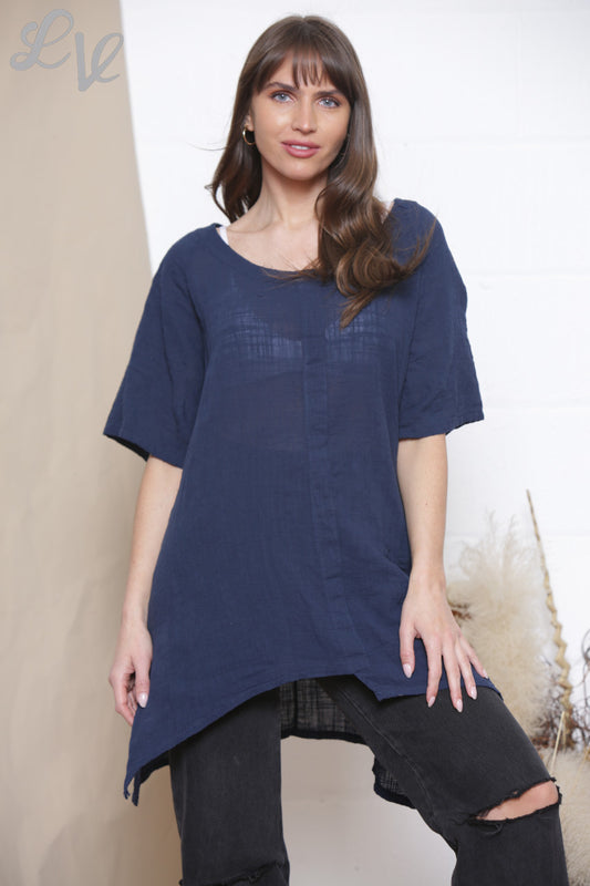 Ladies Plain Tunic Top With Front Pocket Navy