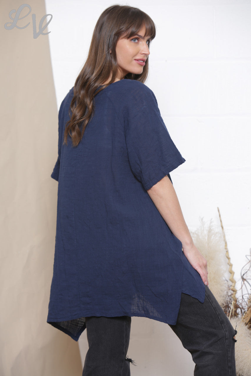 Ladies Plain Tunic Top With Front Pocket Navy