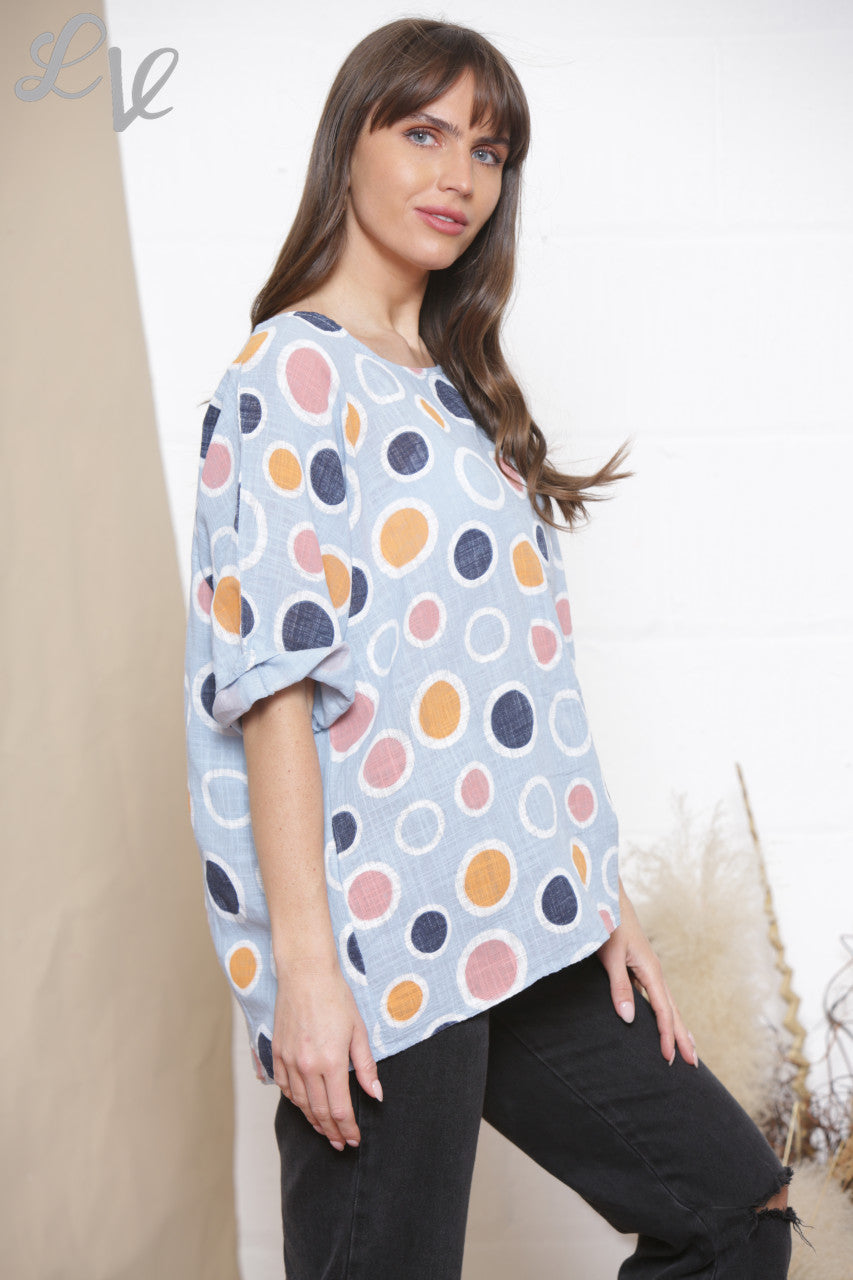 Ladies Multicoloured Spot Print Box Top Sky Blue