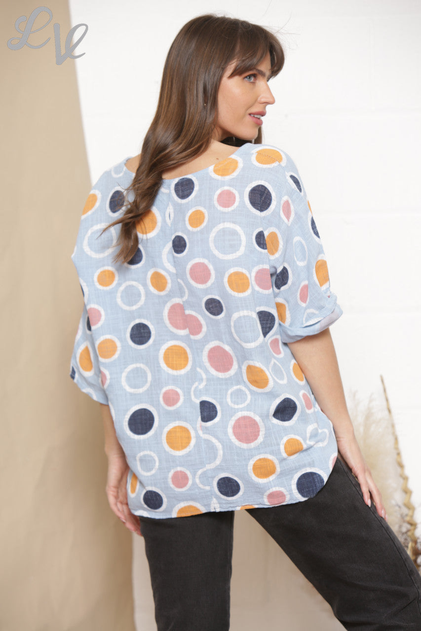 Ladies Multicoloured Spot Print Box Top Sky Blue