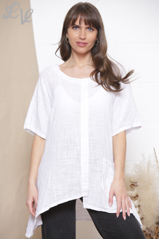 Ladies Plain Tunic Top With Front Pocket White