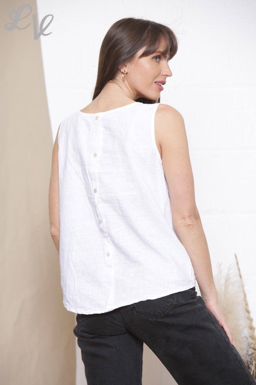 Ladies Plain Sleeveless Vest Top With Button Back White