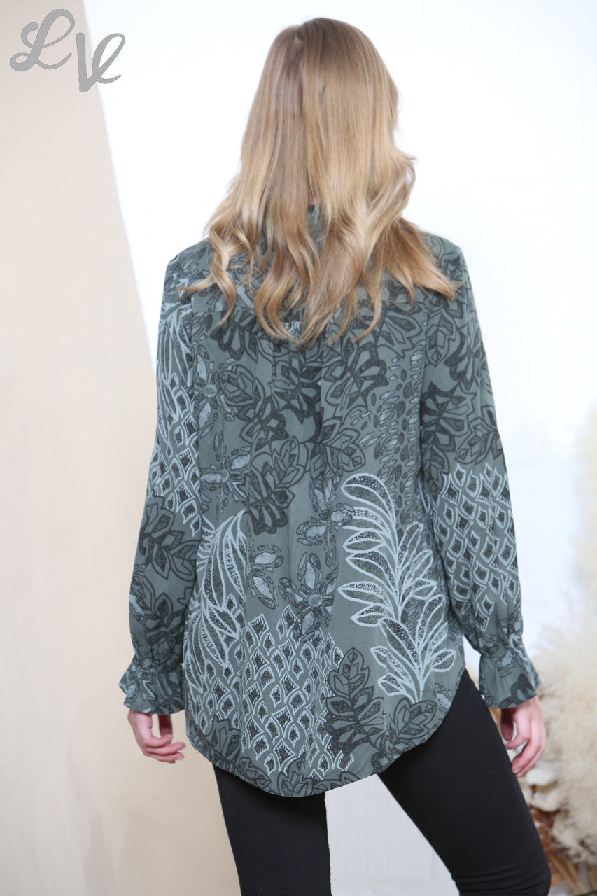 Dames Blouse Top met Bladprint en Strikje bij de Hals Khaki