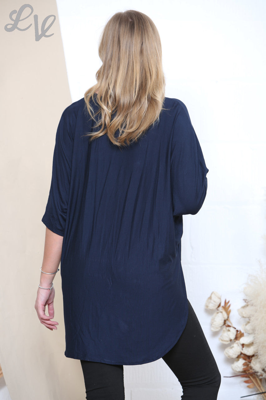 DOORZICHTIGE TOP MET SPLIT IN DE ZOOM NAVY