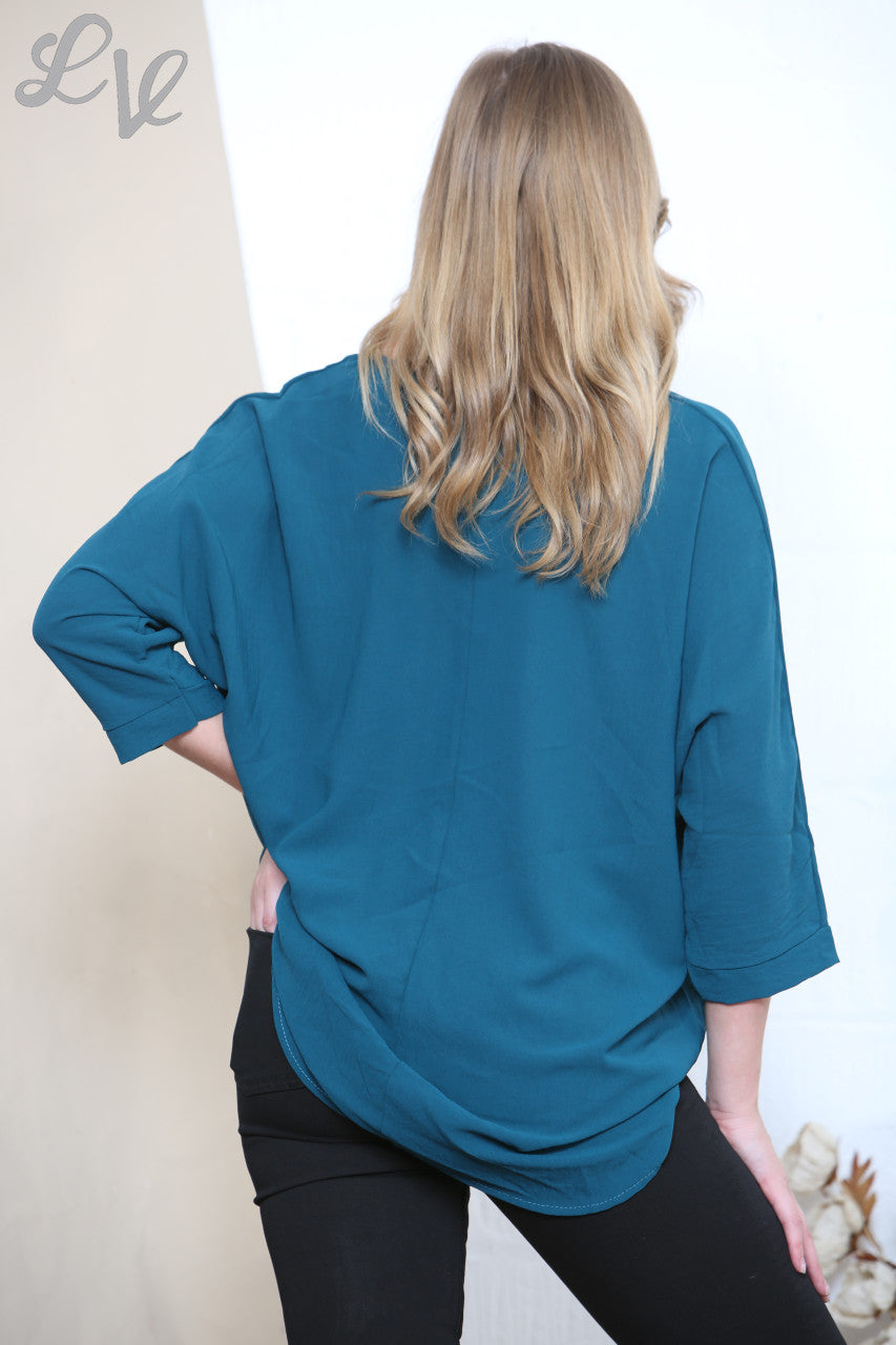 Ladies Ruched Hem Plain Blouse Top Teal