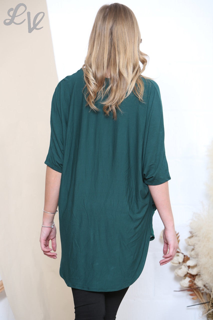 Ladies Contrast Slit Hem Top Green