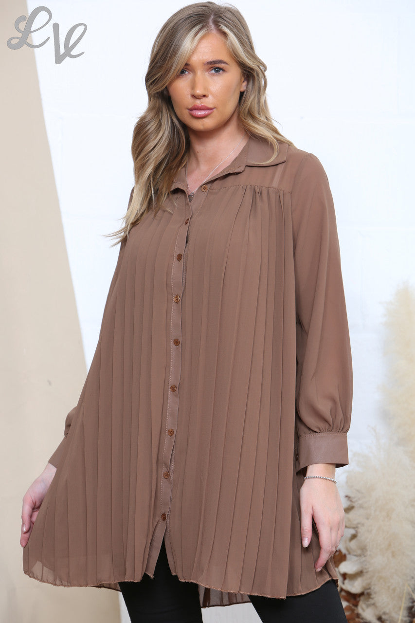 Ladies Floaty Pleated Shirt Tan