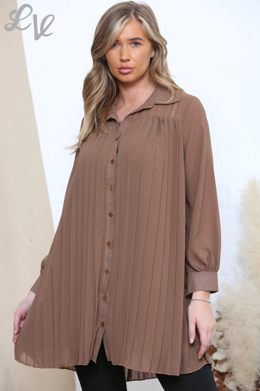 Dames Chiffon Plooi Shirt Tan