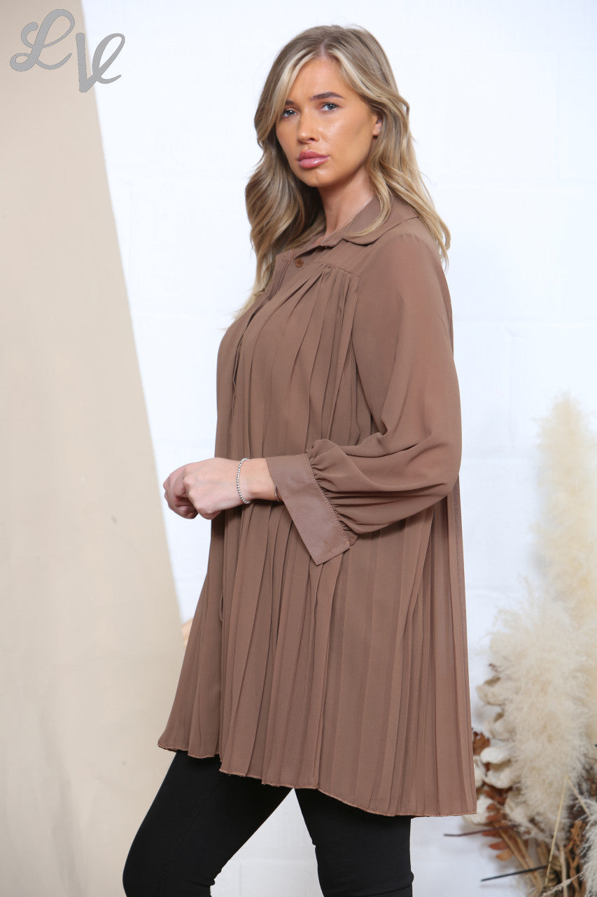 Ladies Floaty Pleated Shirt Tan