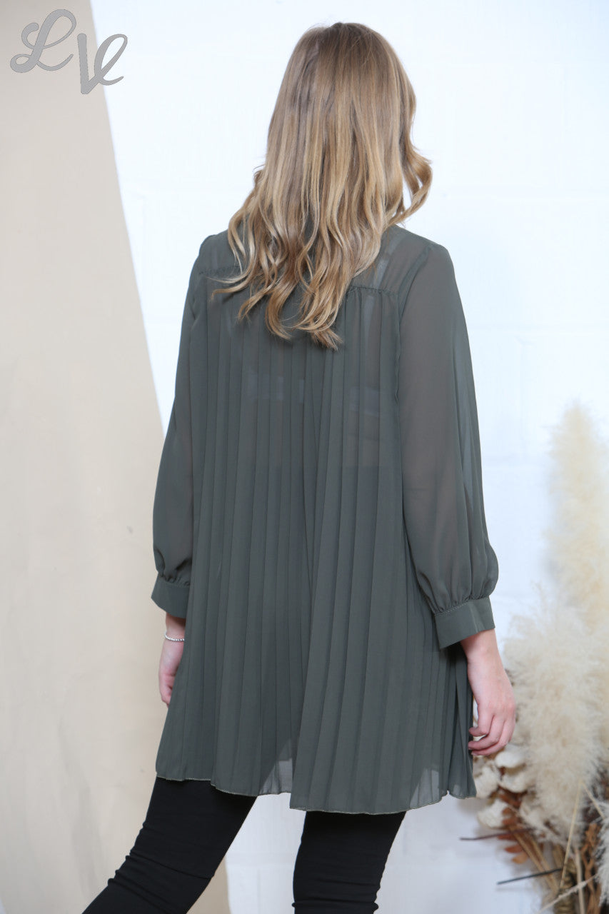 Ladies Floaty Pleated Shirt Khaki