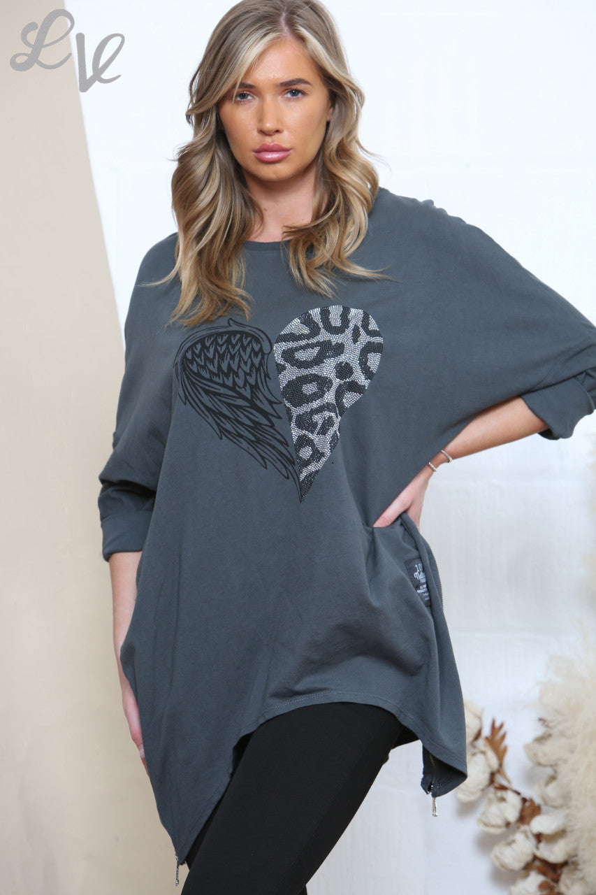 Ladies Sequin Heart Sweatshirt Top Charcoal