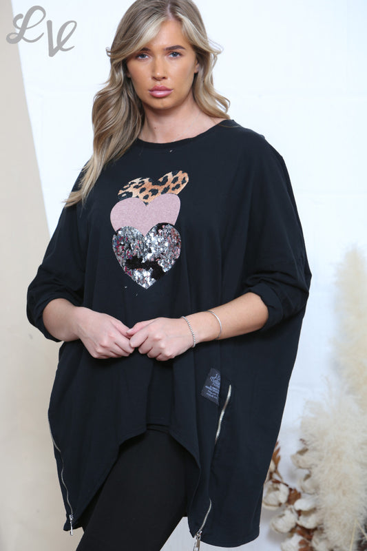 Dames Drie Harten Sweatshirt Top Zwart