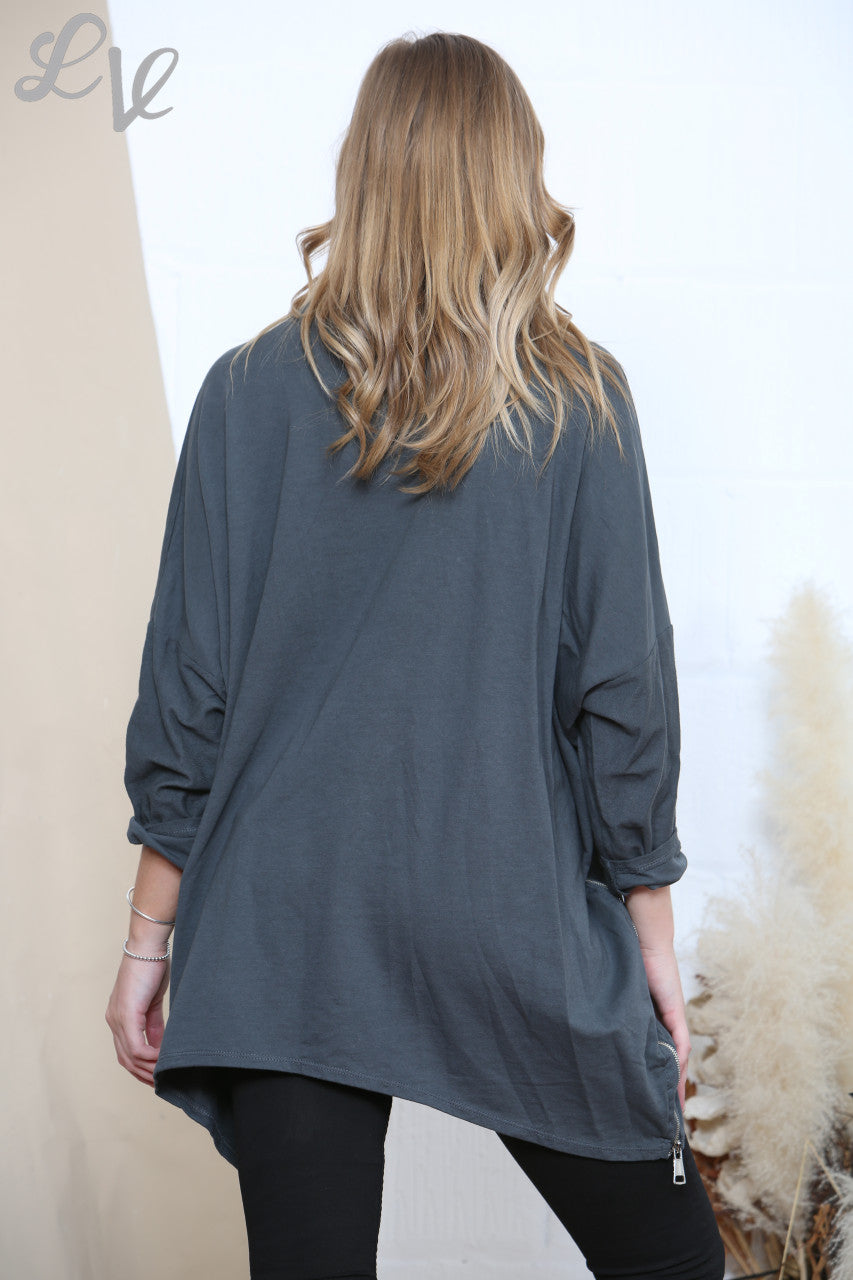 Ladies Three Hearts Sweatshirt Top Charcoal