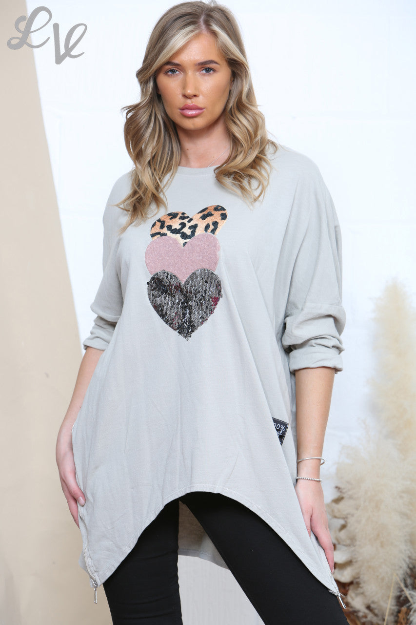 Ladies Three Hearts Sweatshirt Top Stone