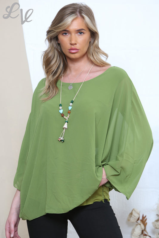 Dames Effen Batwing Blouse Top Groen