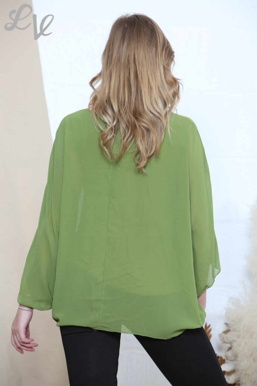 Ladies Plain Batwing Blouse Top Green